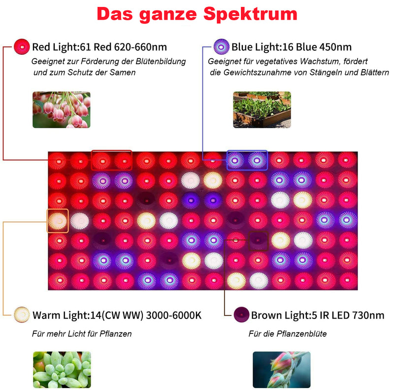 LED Vollspektrum Pflanzenlampe - 98 LEDs, Fernbedienung, Timer, 3 Schaltmodi, Dimmbar