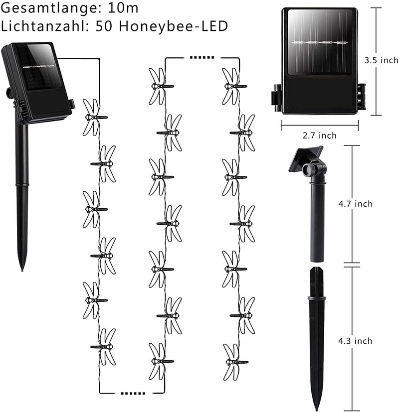 50LED Solar-Lichterkette mit zusätzlichem Batterie für regnerische Tage, 10m wasserdicht draht, inkl. AA-Batterie, Simulation Libelle, warmweiß